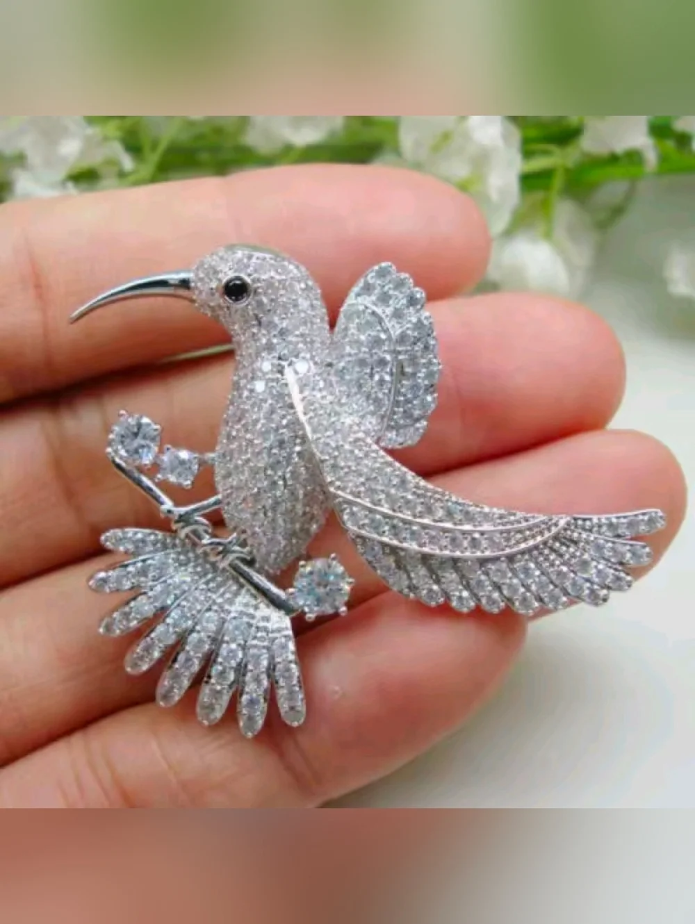 Silver Crystal Hummingbird Brooch - Picture 3 of 5